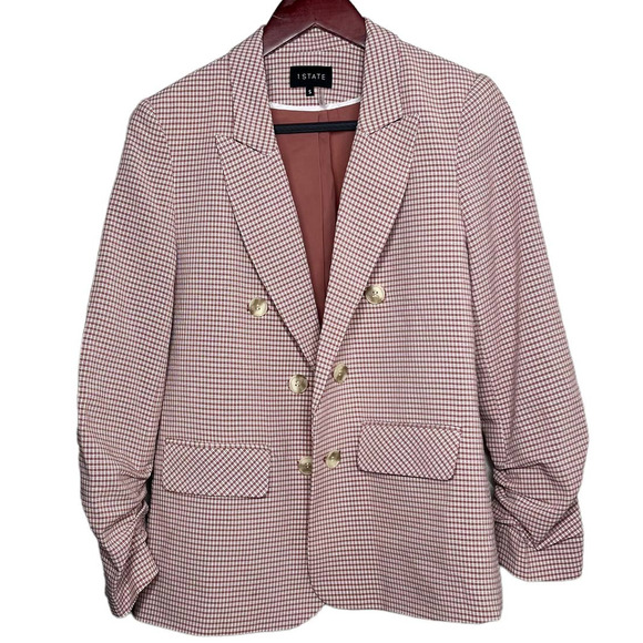 1. State Pink Shoulder Pad Double Breasted Check Print Blazer Size S - Picture 1 of 6